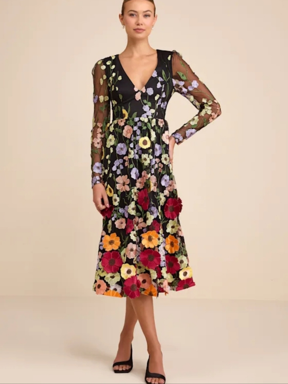 SOLD NWT Lulus Impressive Blossom Black 3D Flpral Embroidered Midi Dress XL